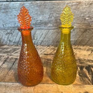 Vintage Amber Yellow Glass Decorative Bottles Leaf Stoppers Set of 2